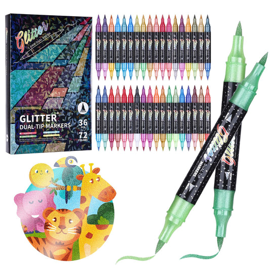 KEMYR Glitter Effect Brush Markers Pens,72 Colors Dual Tip Glitter Pens Set 36 Pack Metallic Sparkle Markers for Cards, DIY Crafts, Doodle, Writing, Adults Coloring Books, Art Supplies Scrapbooking