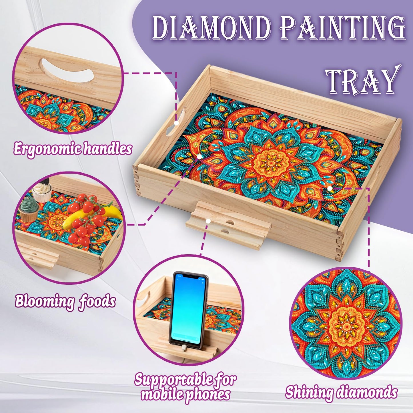 EWJRNSF Diamond Art Kits for Adults Wooden Serving Trays with Handles, 5D Diamond Painting Big Gem Arts and Craft Gifts Trays with Phone Holder Decor Gift Home Decor 12.2x16.1 Inches Mandala