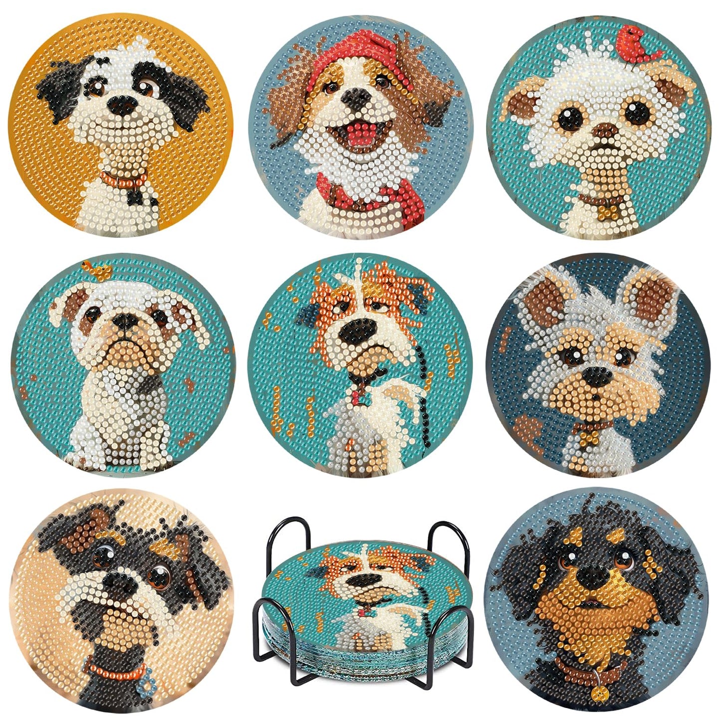 Cute Dog Diamond Art Painting Coasters Kit, 8 Pieces Puppy Diamond Art Coasters with Holder, DIY Dog Diamond Coasters for Beginners