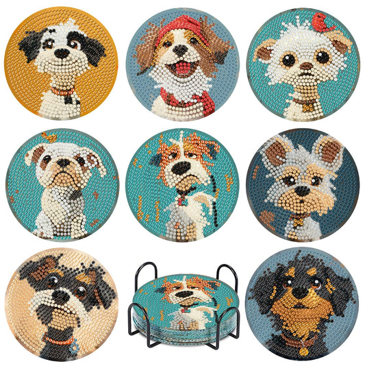 Cute Dog Diamond Art Painting Coasters Kit, 8 Pieces Puppy Diamond Art Coasters with Holder, DIY Dog Diamond Coasters for Beginners