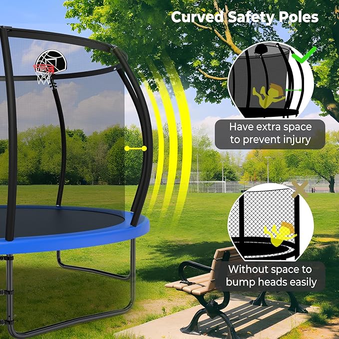 12 14 15 16FT Outdoor Trampolines for Kids and Adults, Pumpkin Trampolin with Curved Poles, Recreational Trampolin with Basketball Hoop and Safety Enclosure Net for Kids and Adults