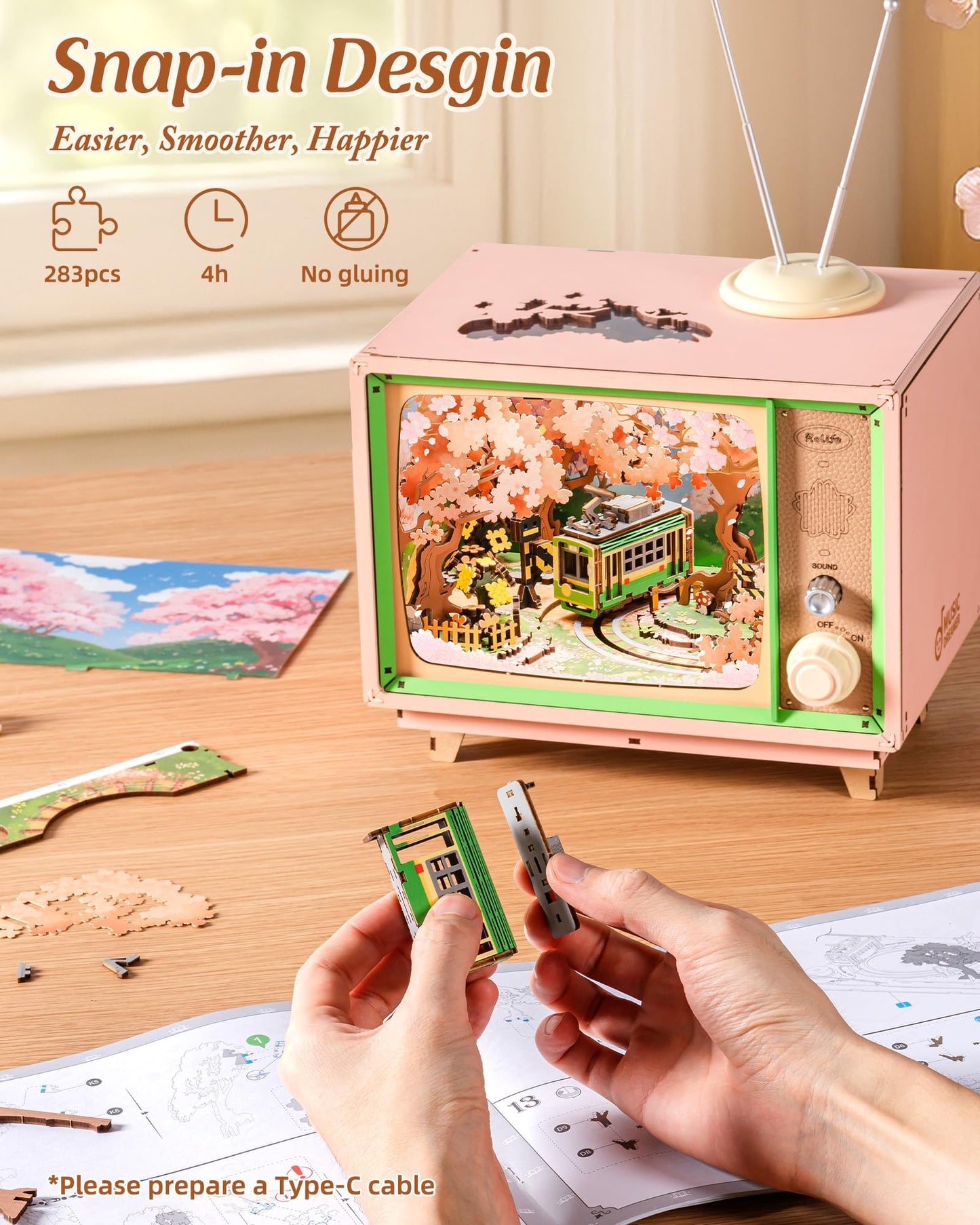 Rolife 3D Wooden Puzzles for Adults DIY Book Nook Kit 16" Japanese Cherry Blossom Music Box Toy Building Set Home Decor Gifts for Girls Boys Adults (Sakura Dreamy Tour)