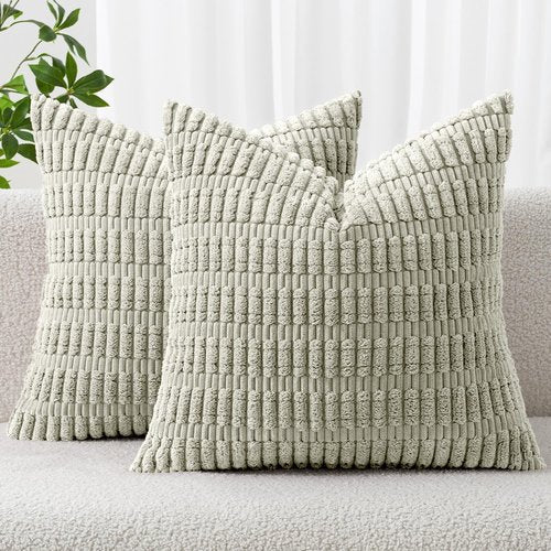 MIULEE Decorative Throw Pillow Covers - Pack of 2 Soft Boho Striped 20x20 Inch for Modern Farmhouse Decor | Light Green