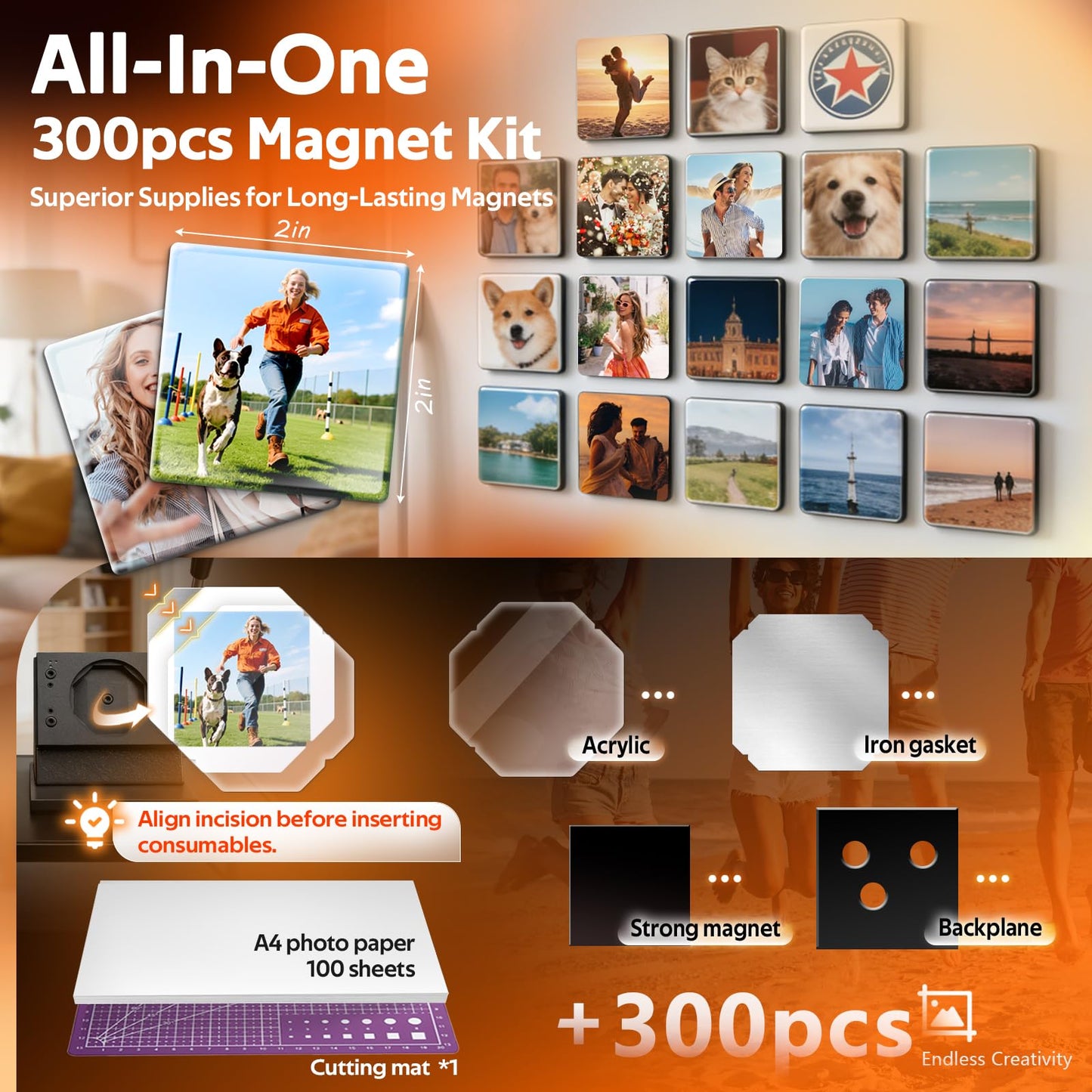 2x2 Inch Square Fridge Magnet Maker Machine Kit - [300Pcs Consumables +100 Sheets Photo Paper, Cutter & Cutting Board] | Photo Magnet Making kit, Custom Badges Complete DIY Kit
