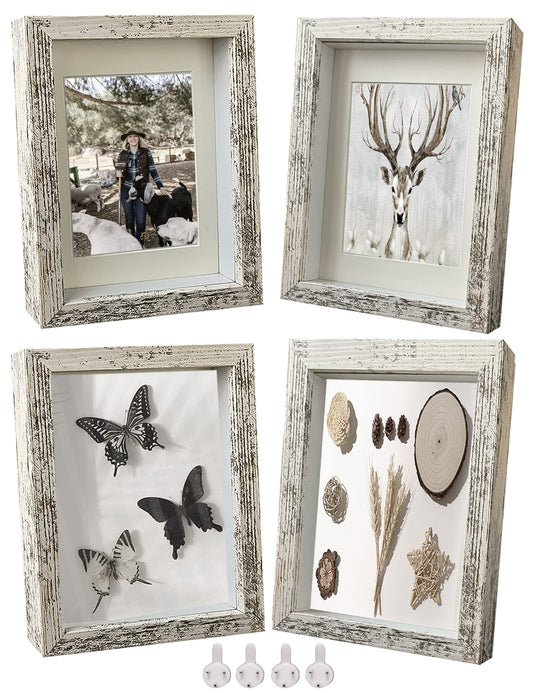 Houstimi Wooden Farmhouse 5x7 Shadow Box Frame Small Shadow Box Display Case Glass Surface Internal Depth 0.6 inch for Wall or Tabletop（White,4 Pack）