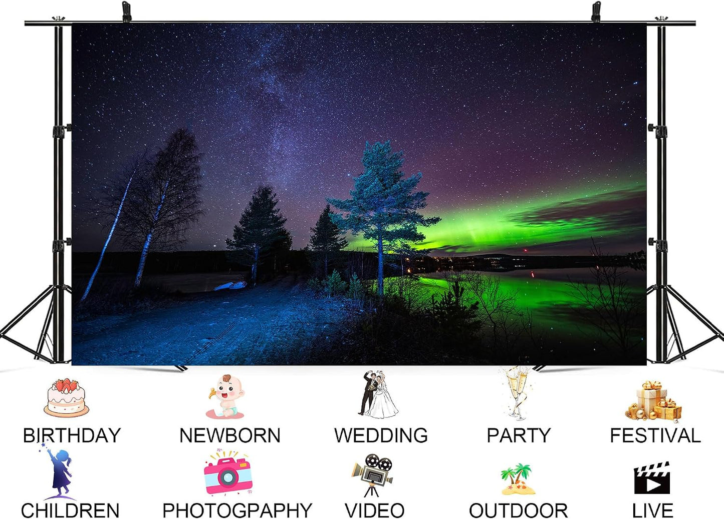 UPXIO 10x8ft Northern Lights Over Lake Backdrop Green Aurora Borealis and Starry Nordic Night Sky Photo Background