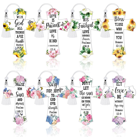 8 Pieces Christian Bible Verse Diamond Art Bookmarks 5d Christian Beaded Bookmark Acrylic Tassel Bookmark for DIY Making Beginners Kids Adults Arts Craft Supplies (Floral)