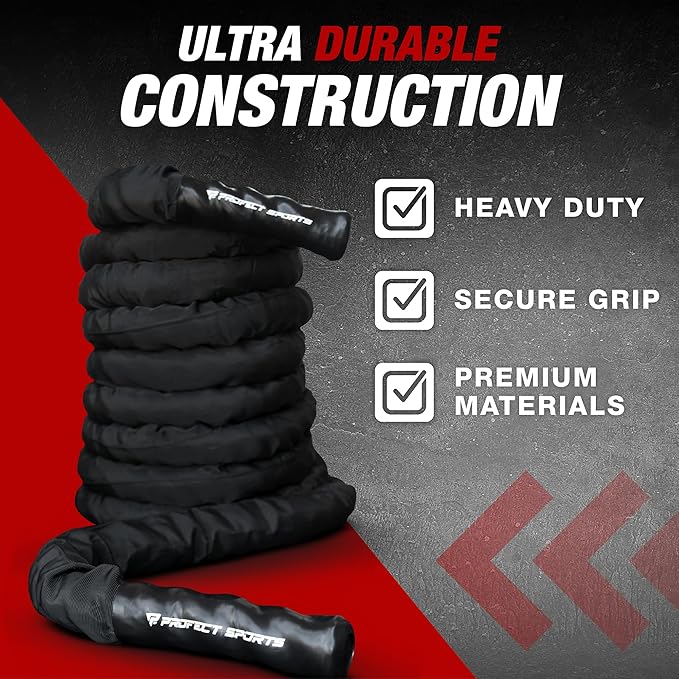 Battle Ropes 50 ft Heavy Duty Battle Rope with Protective Sleeve Black, Plastic, ABS Grip, Adult Strength Training, Cardio, CrossFit