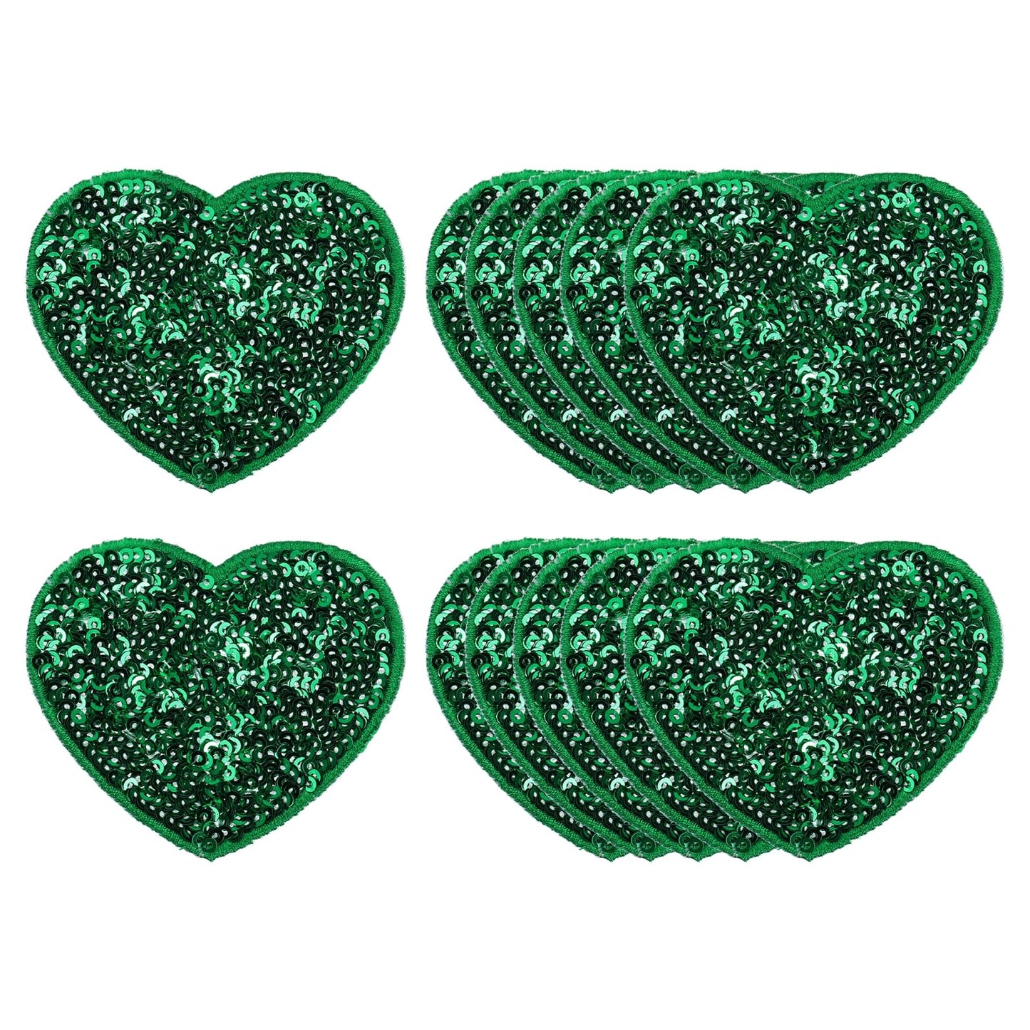 MECCANIXITY 12 Pcs Sequin Heart Iron on Patches, 2.7 x 2.4 Inch Embroidery Sequin Patches for Clothing Repair Backpack Shoes Decoration, Deep Green