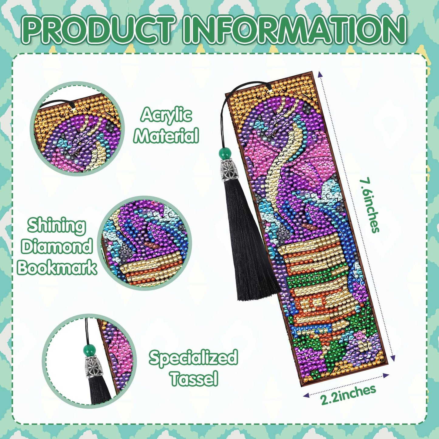 Dragon Diamond Art Bookmarks Kit - 6 Pcs Stained Glass Window Dragon Bookstacks Diamond Painting Bookmarks for Adults, Gem Art DIY Crafts Kit for Beginners Book Lover Gifts