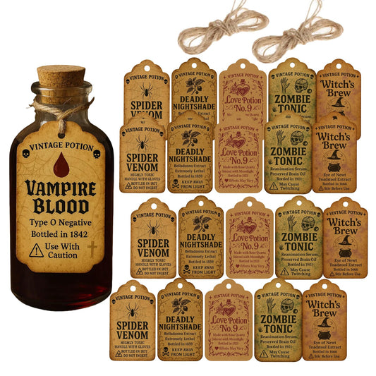 50PCS Halloween Potion Bottle Tags – Vintage Apothecary Labels for Wine Bottles, Plastic Potion Bottles, Spooky Halloween Drink Decor, Witch Bar, Party Table Decorations