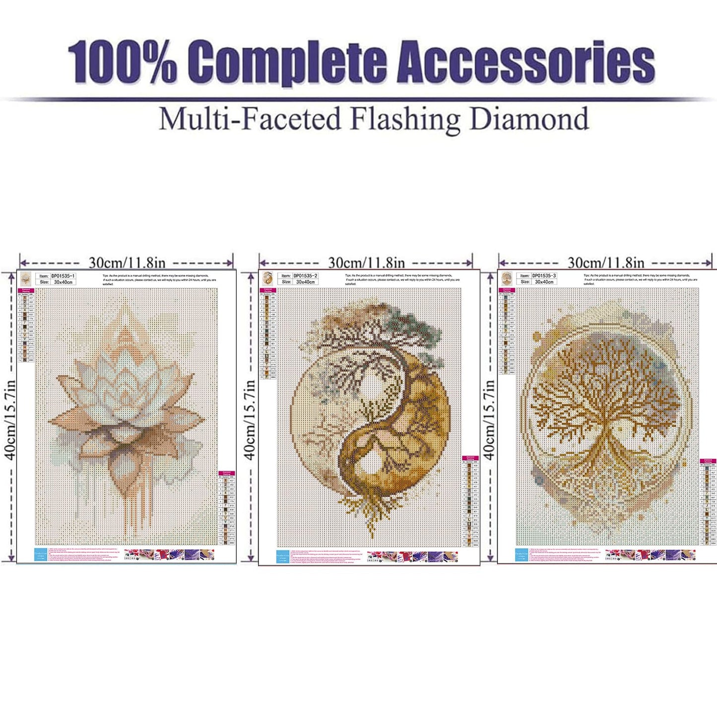 ARPADAMO 3 Pack Diamond Kits for Adults,5D Tree of Life Diamond Painting DIY Modern Gold Lotus Diamond Painting Art Kit for Adult,Round Full Drill Diamonds, Diamond Art Kit for Home Decor-12x16inch