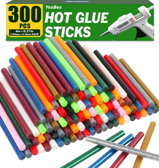 300 Pack Colored Hot Glue Sticks, 4" Long x 0.27" Diameter Mini Hot Glue Sticks, Perfect Fit for Mini Glue Guns, Widely Used in Wood, Metal, Glass, Plastic, Floral, Fabric, Leather, Foam