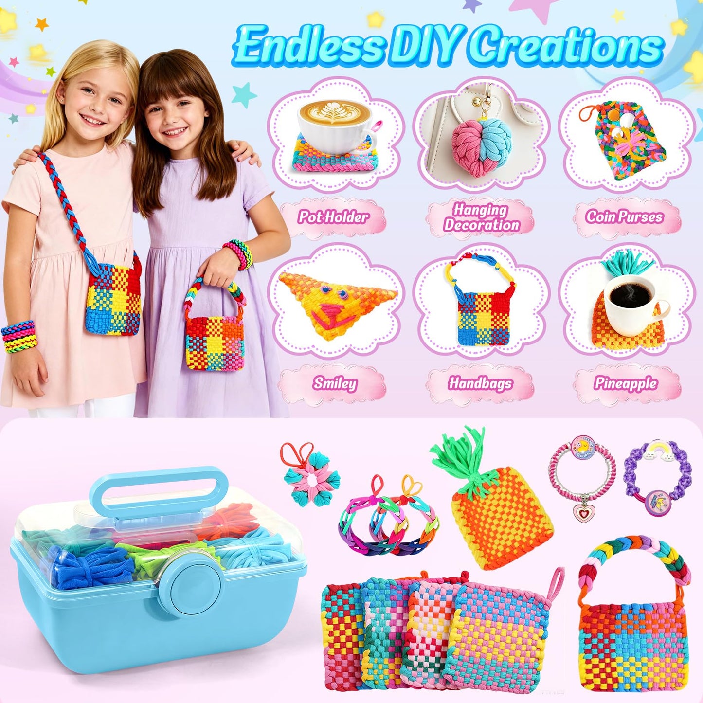 Spardar 450+PCS Weaving Loom, Arts and Crafts with Portable Storage Box, Christmas Birthday Gift, Pot Holder Loom Kit Includes 360 Craft Loops, Knitting Loom Kit for Making Handbag, Blue