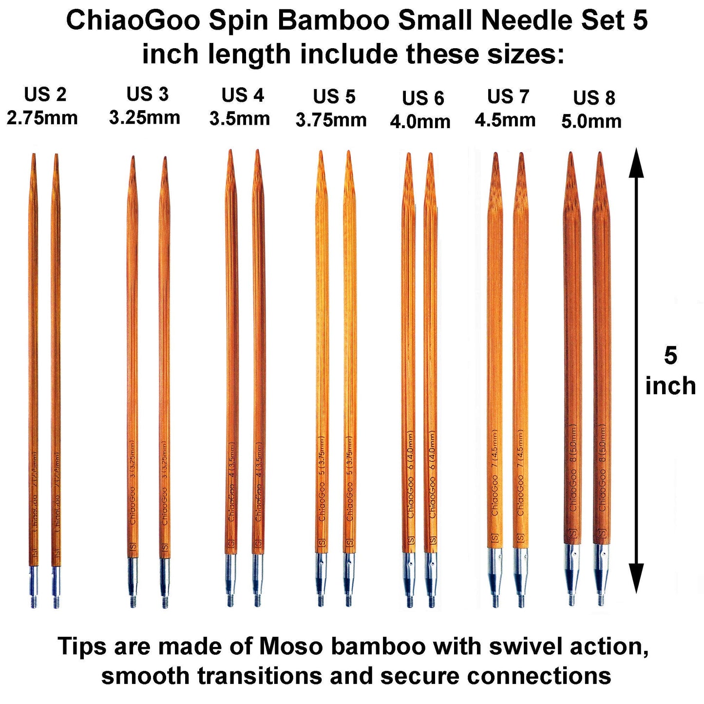 ChiaoGoo Spin Bamboo 5-Inch Small 2500-S Interchangeable Circular Knitting Needle Set, Sizes US 2, 3, 4, 5, 6, 7, 8 with 3 Cords, Connectors, Stitch Markers with Project Bag