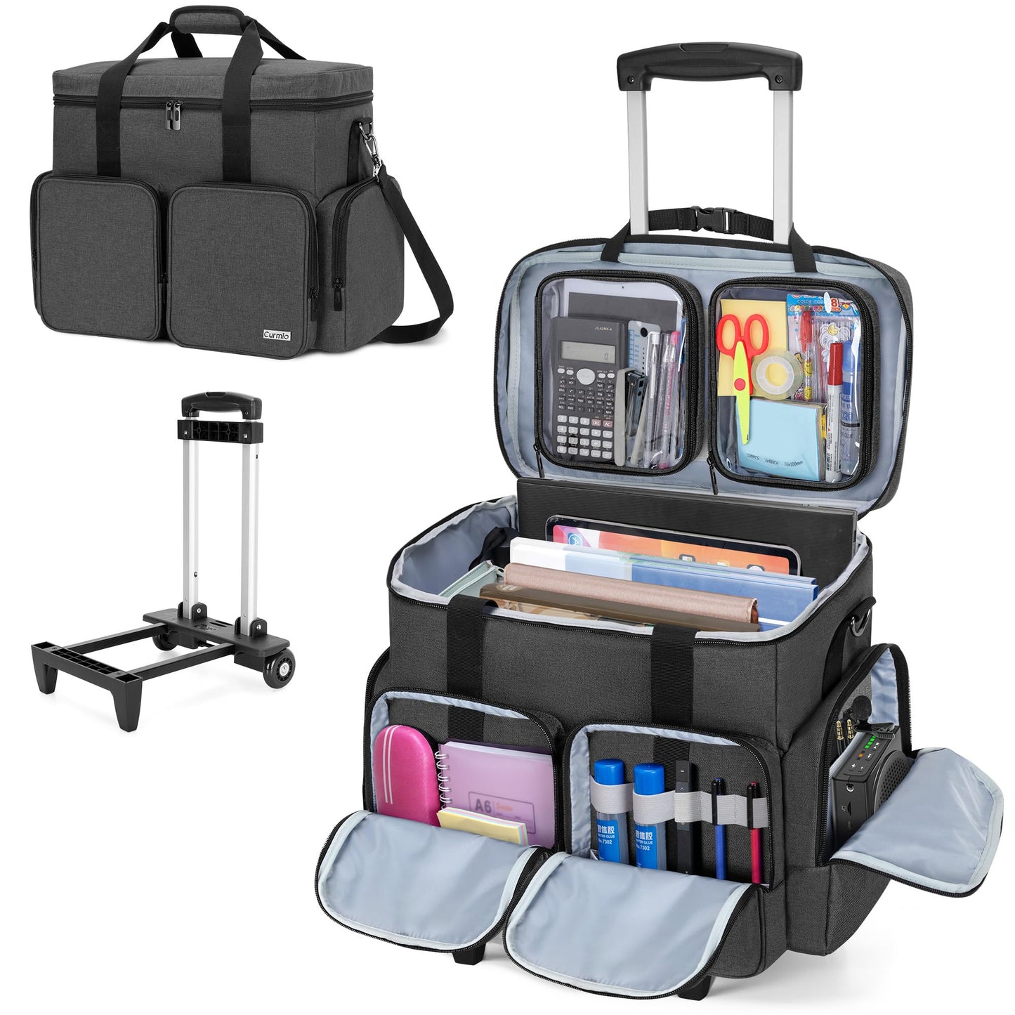 CURMIO Rolling Teacher Tote Bag with Padded Laptop Compartment for up to 15.6 Inches Laptop, Wheeled Teacher Bag for Teaching, Office, Craft, Black