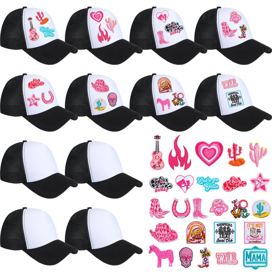 Hercicy 35PCS Western Cowgirl Trucker Hats DIY Kits, Sublimation Blank Baseball Caps Trucker Hat with Western Iron On Patches Pink Cowgirl Embroidered Patches for Bridal Shower Birthday Party