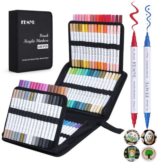 KEMYR 100 Colors Brush & Fine Tip Acrylic Paint Pens, Dual Tip Acrylic Paint Markers for Paper, Wood, Canvas, Stone, Rock, Glass, Fabric, DIY, Ceramic, Art Supplies for Adults Drawing