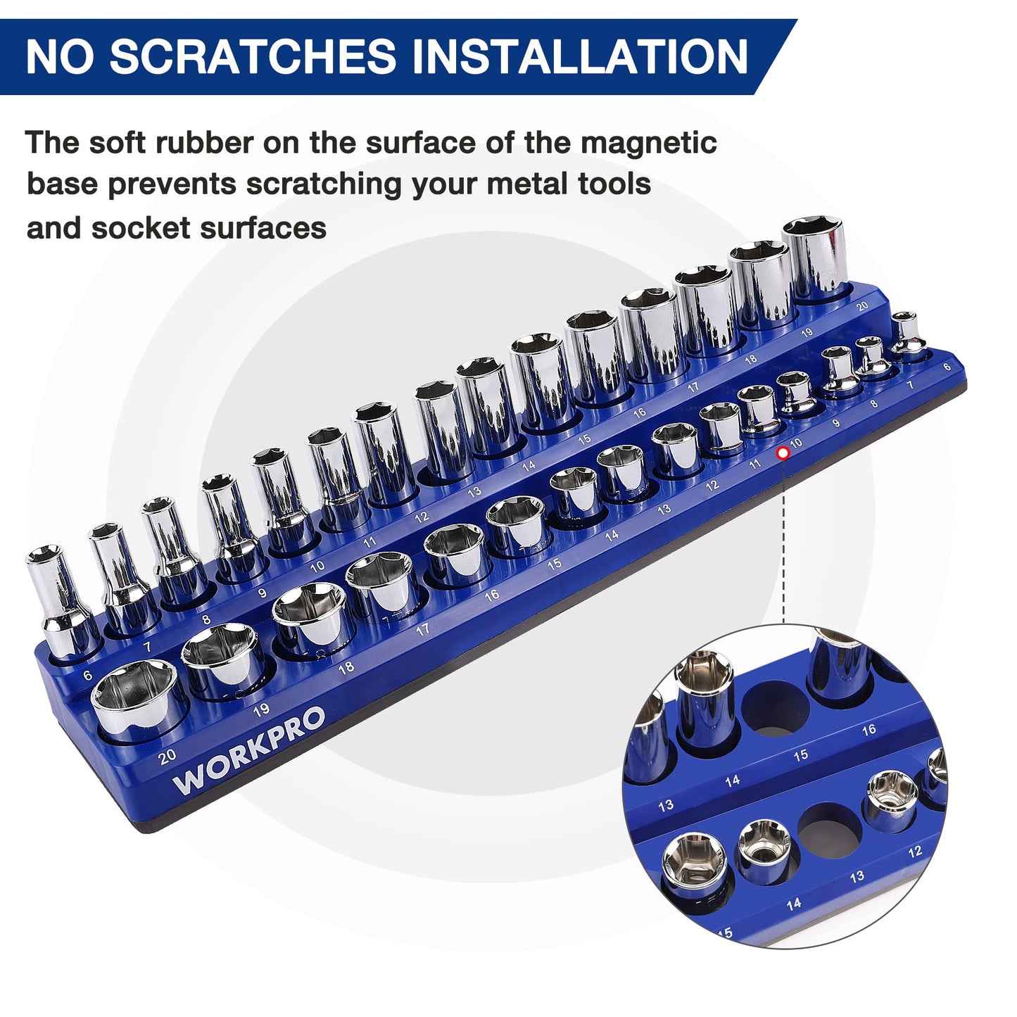 WORKPRO Magnetic Socket Organizer Set, 6-Piece Socket Holder Set Includes 1/4", 3/8", 1/2" Drive Metric SAE Socket Trays, Holds 143 Pieces Sockets, Christmas Gift for Men(Socket not Included)