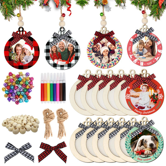 AerWo 24PCS Christmas Picture Frame Ornaments for Christmas Tree, DIY Unfinished Wooden Photo Frame with Beads Bowknot and Colored Markers to Paint, Decorative Hanging Ornaments for Xmas Tree Decor
