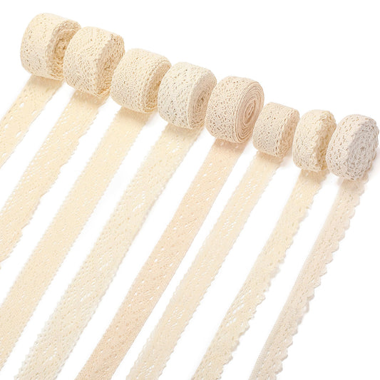 Tatuo 40 Yards Cotton Lace Trim Vintage Ribbon Crochet Cotton Lace Scalloped Edge for Bridal Wedding Decoration Christmas Package DIY Sewing Craft Supply, 5 Yards Each, 8 Styles (Beige,White)