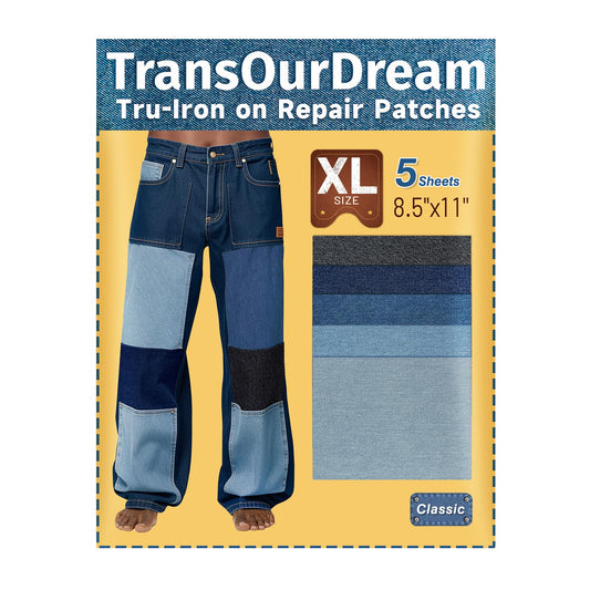 TransOurDream Tru-Iron on Repair Patches(8.5x11”, XL), Extra Large Denim Repair Patch for Jeans & Clothes, Repair and Decorating Kit for Clothing, Sofa, Dog Bed, Iron on Patch for Jeans(5Pcs 5Colors)