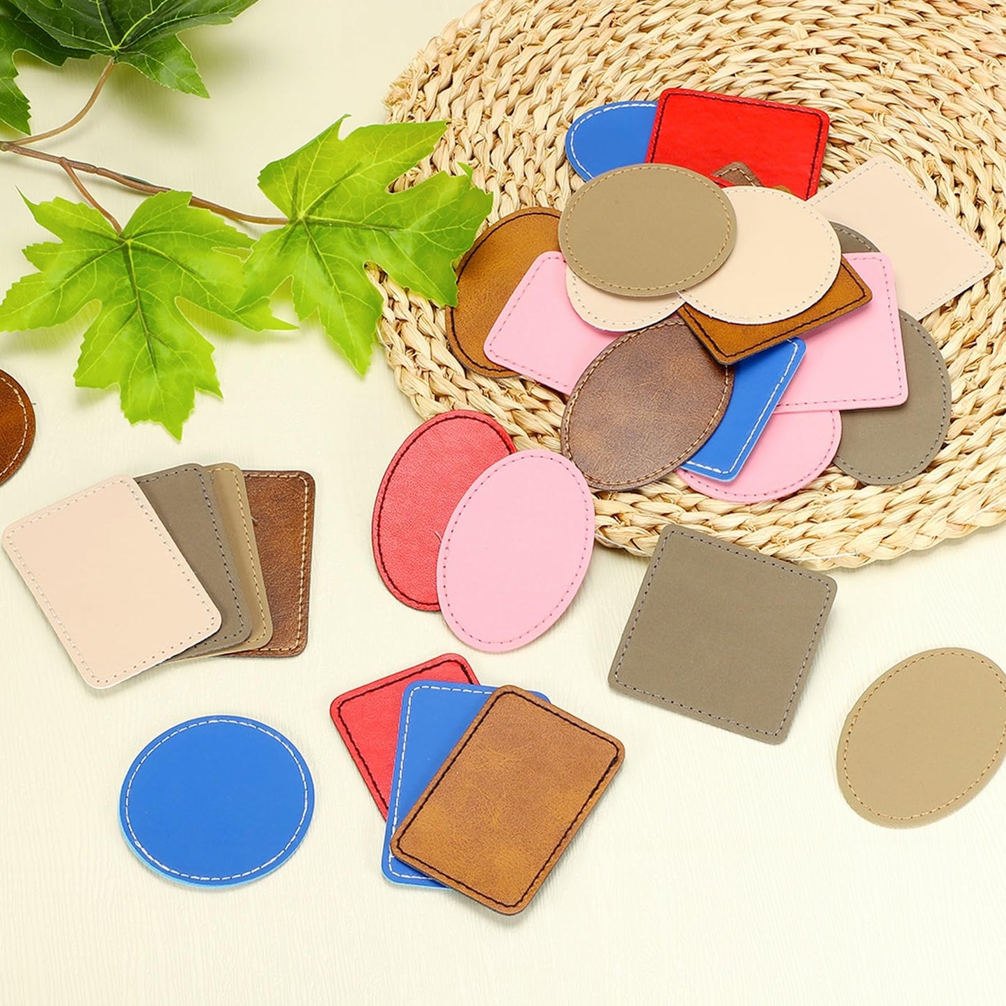 uxcell 20 Pcs Leather Patches for Hats, Round Leather Hat Patches with Adhesive, Rustic Faux Iron on Blank Patch for Laser Engraving Fabric Repair Sew Crafts, Khaki