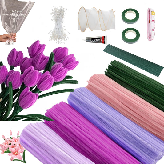500 Pcs Pipe Cleaner Flower Kit, 5 Colors Pipe Cleaners Bulk, Chenille Stems for DIY Handmade Flower Bouquet/Party Decorations, Pipe Cleaners Craft Kit, Stems, Tape, Stamens, Glue, Bouquet Belt