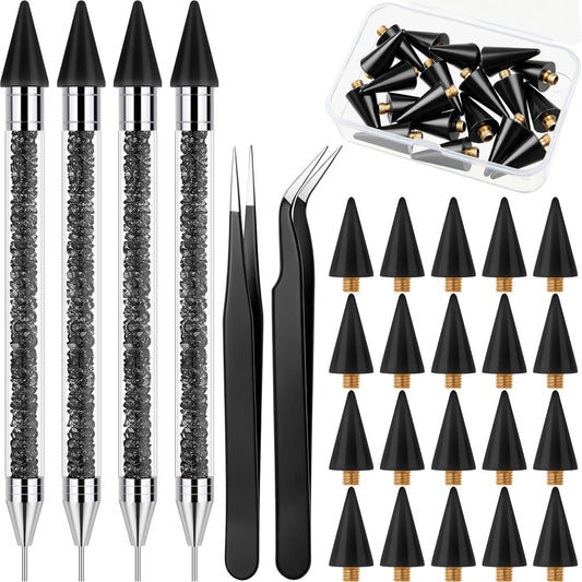 Tatuo 4 Set/26 Pcs Rhinestone Picker Tool Dotting Pen Dual-Ended Nail Art Rhinestones Applicator Gems Crystals Beads Picker Wax Pencil with 20 Wax Head 2 Tweezers DIY Nail Art Tool (Black)