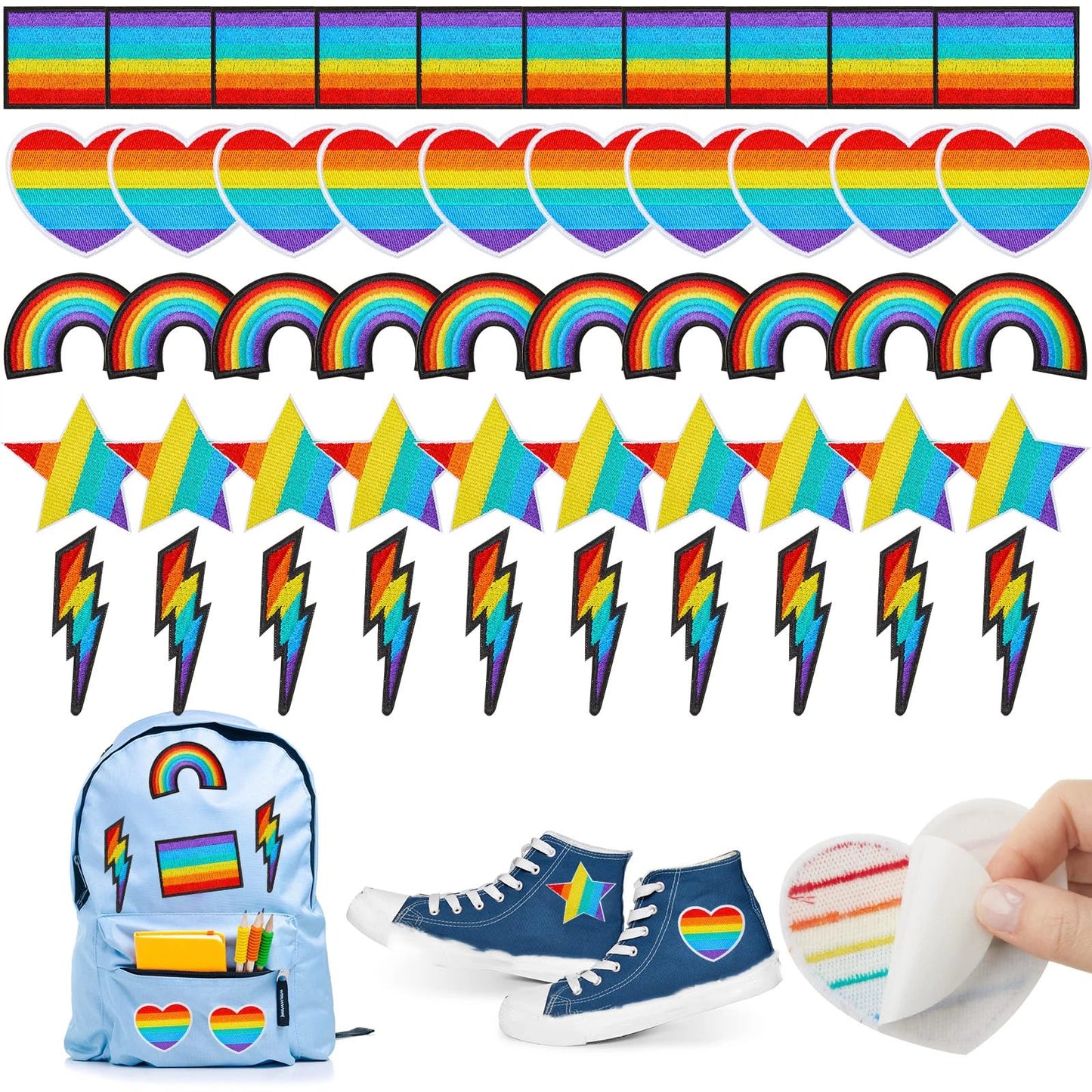 Yuxung 50 Pcs Rainbow Patches Embroidered Iron on Back To School Patches Self Adhesive Appliques Assorted Flags Heart Star Sew on Patch for Teacher Student DIY Craft Clothing Hat Backpack Jeans Jacket