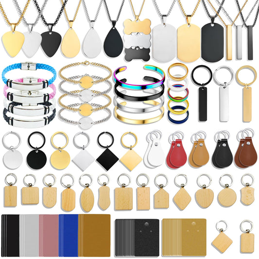 MUXERAN 168 Pcs Laser Engraving Materials bulk Include 66 Pcs Laser Engraving Supplies Include Necklace Bracelet Ring Keychain For Laser Engraver DIY Crafting Supplies