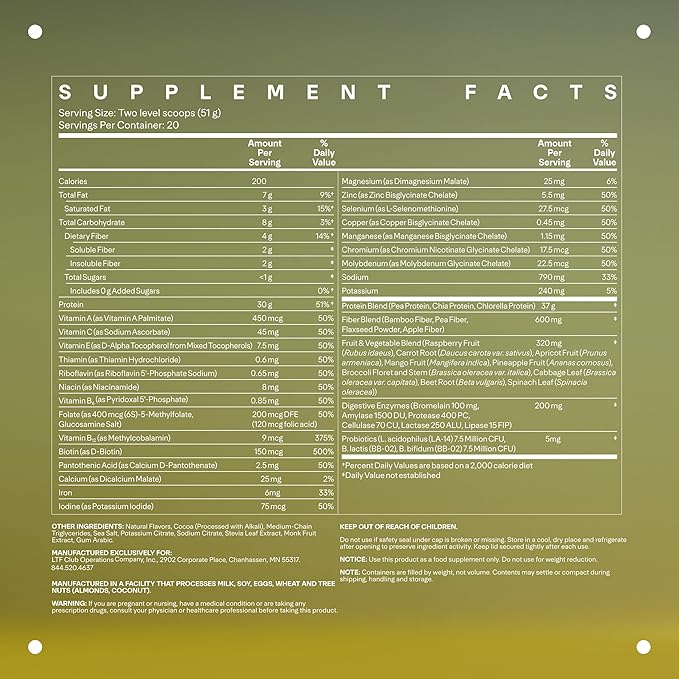 LTH Fuel Vegan & All-in-One - Trusted by Life Time Fitness Members - 30g Protein - Plant-Based Protein Meal Replacement - Vitamins, Minerals, Digestive Enzymes & Probiotics - Chocolate, 20 Servings