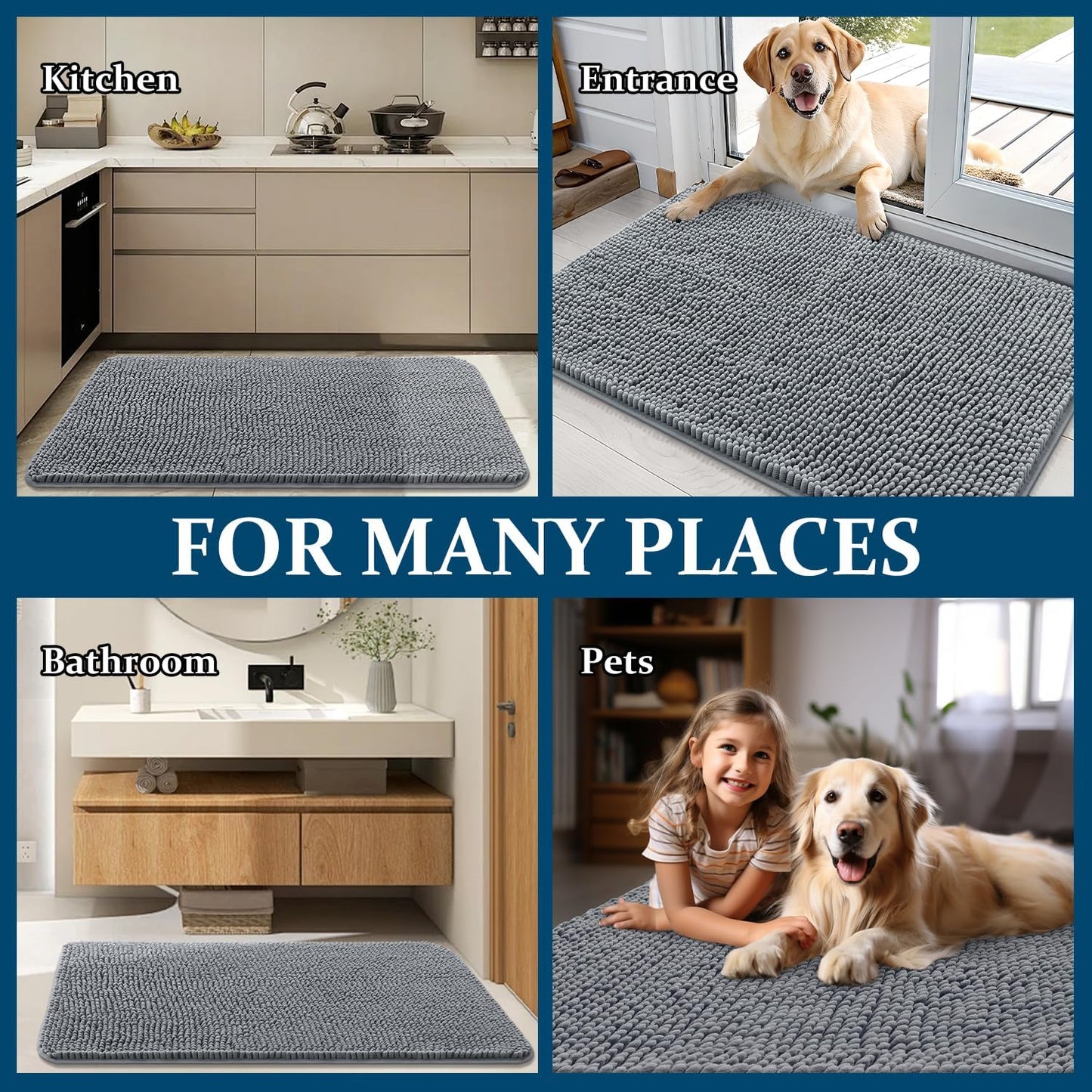 OLANLY Dog Door Mat - Absorbent Non-Slip Chenille for Muddy Paws | 59x20 Grey Indoor Entryway Carpet