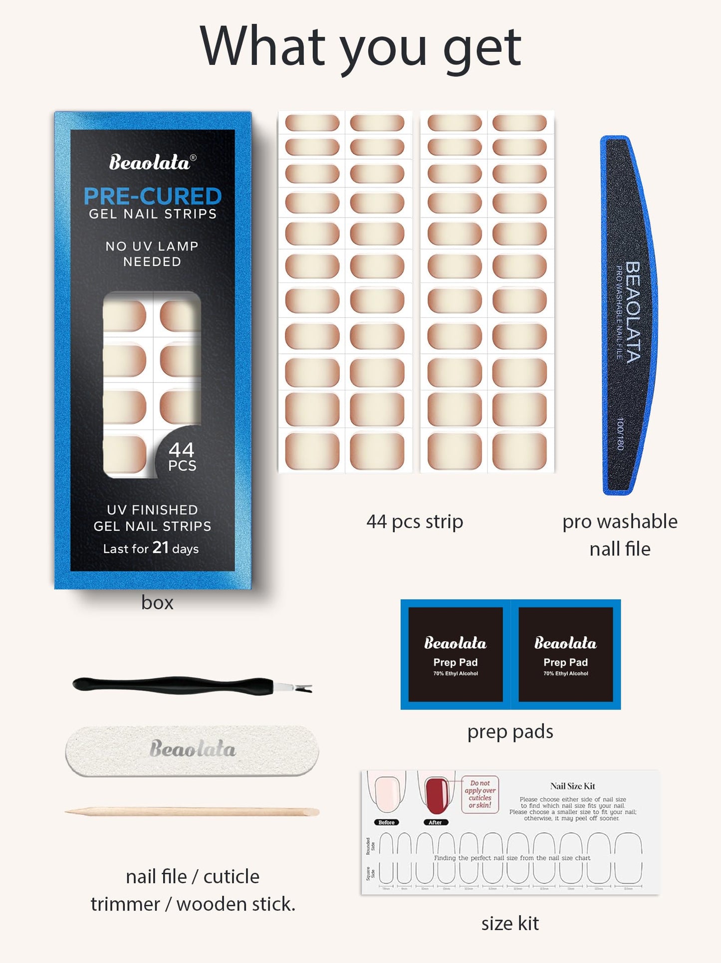 Beaolata Real Gel Nail Strips (No UV Light Needed) - 44Pcs Salon Quality Nail Stickers - Long Lasting Polish Wraps for Women, Easy Apply & Remove (Sheer Blush Pink)