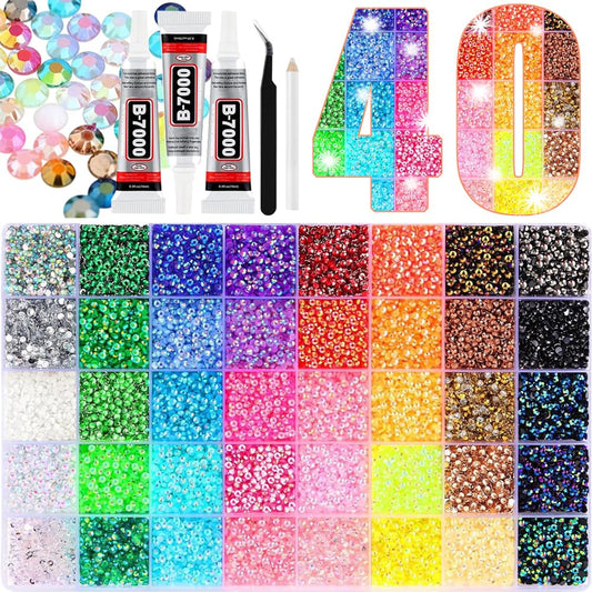 Bedazzle Kit Resin Rhinestones with Tweezers for Bedazzling 36000PCS 40 Colors, Multicolor 3mm Crystal Badazzle Kits Accessories with 3PCS 10ml B7000 Jewelry Glue for Bedazzled Nail Gems Crafting