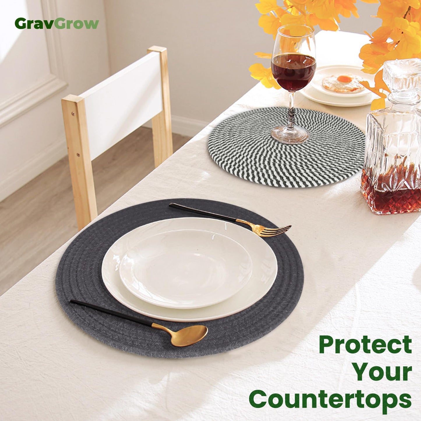 GravGrow 10 Inch Trivets for Hot Dishes, Large Trivets for Hot Pots and Pans, Thicken Heat Resistant Round Place Mats Woven Table Mats, Boho Placemats for Kitchen Dining Table, 4 Pcs