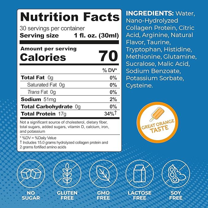 Liquid Collagen Protein Shot, 17g Clear Protein Nano-Hydrolyzed Grass Fed Collagen, 2g Arginine for Wound Support, Gluten Free, Sugar Free, 0g Carbs, Non GMO, Orange Creme, 30 fl oz Bottle