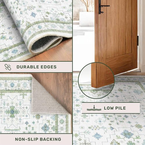 Hazo Haus Cream Oushak 7x9 Area Rug - Boho Floral Design in Cool Blue & Green, Washable Non-Slip