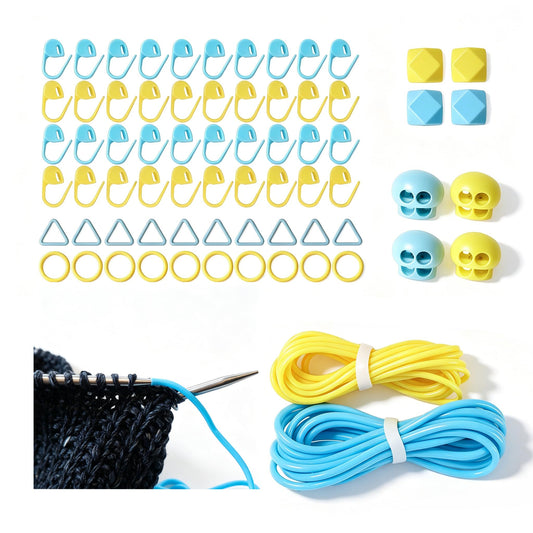 RYSUOZI Knitting Barber Cords, 2PCS Odorless Knitting Accessories Kit for Needle, with 20PCS Metal Stitch Markers, 40PCS Plastic Stitch Markers, Stitch Holder Cord Lock Needle Stoppers in Tin Box