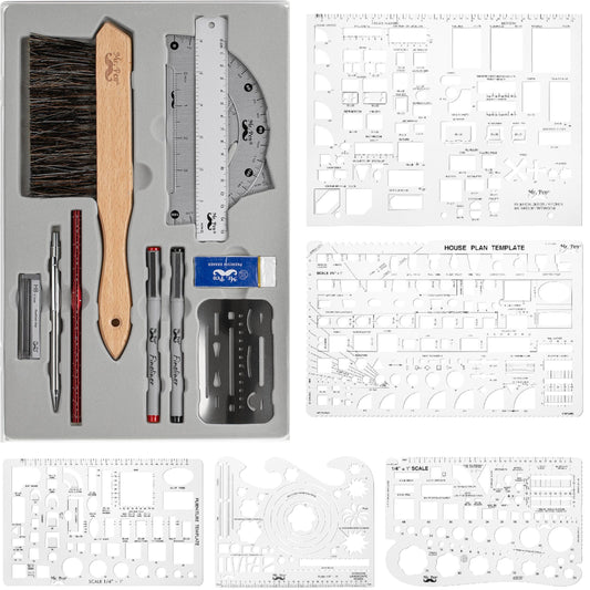 Mr. Pen- Professional Drafting Tools & Geometry Set with Case, 17 pcs, Mechanical Pencil, Fineliners, Scale Metal Ruler, Drawing Templates for Interior Design House Plan, Architect Protractor Set