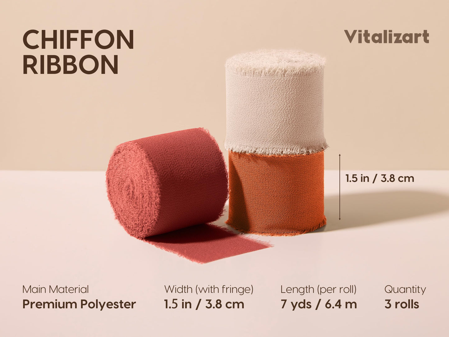 Vitalizart Fall Handmade Chiffon Silk Ribbon Fringe 1.5" x 21 Yd Terracotta Frayed Edges Ribbons for Wedding Invitations Bridal Bouquets Gifts Wrapping Crafts Holiday Party Decorations