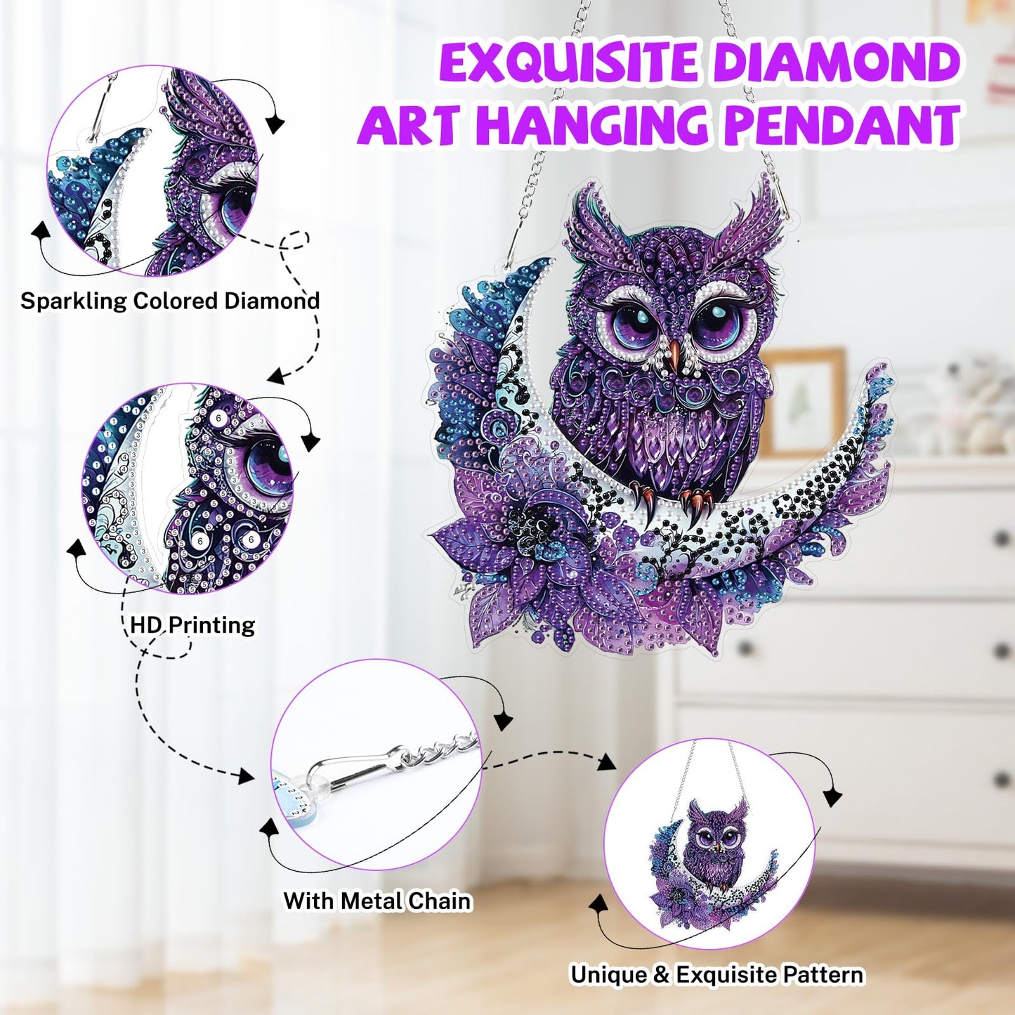 Bowetile Owl Diamond Art Hanging Kits for Adults, 5D Special Shape Diamond Painting Moon Pendant Kits, Gem Art Suncatchers Painting Window Ornament for Home Garden Wall Decor