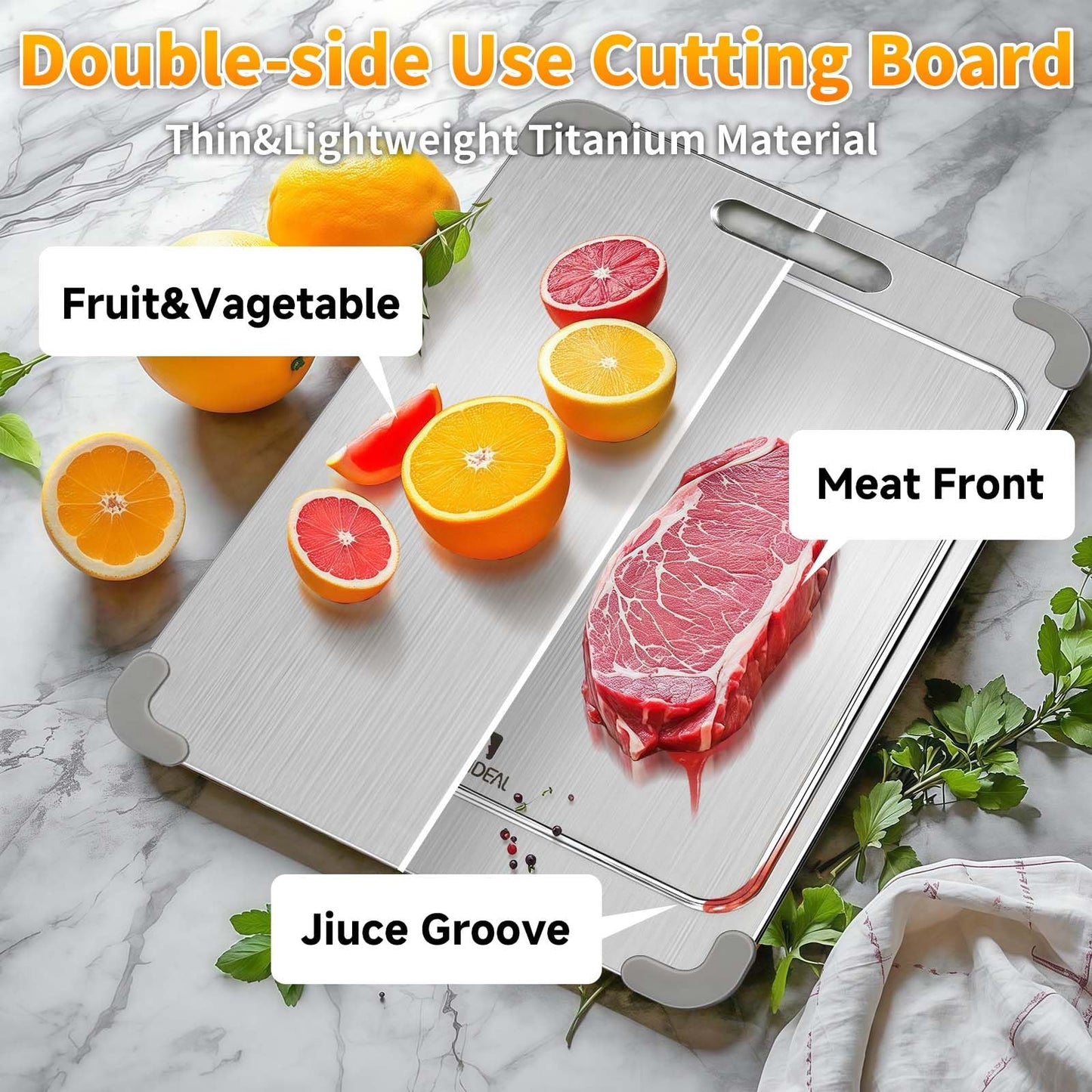 ZYBIDEAL 100% Pure Titanium Cutting Board with Grooves, Update Double Side Titanium Chopping Board, Silicone Anti-slip Stainless Cutting Boards for Kitchen 9 * 13 IN, Orange