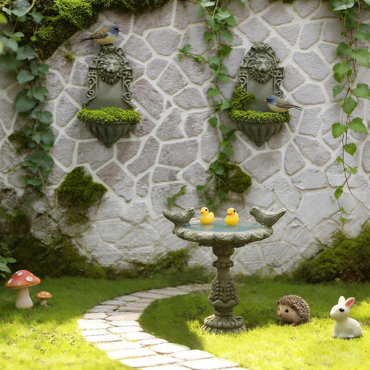 iLAND 1/12 Scale Garden Accessories Outdoor Miniature Birdbath Fountain & 2 Lion Wall Reliefs Mini Ornaments for Garden Dollhouse Décor Dollhouse Accessories