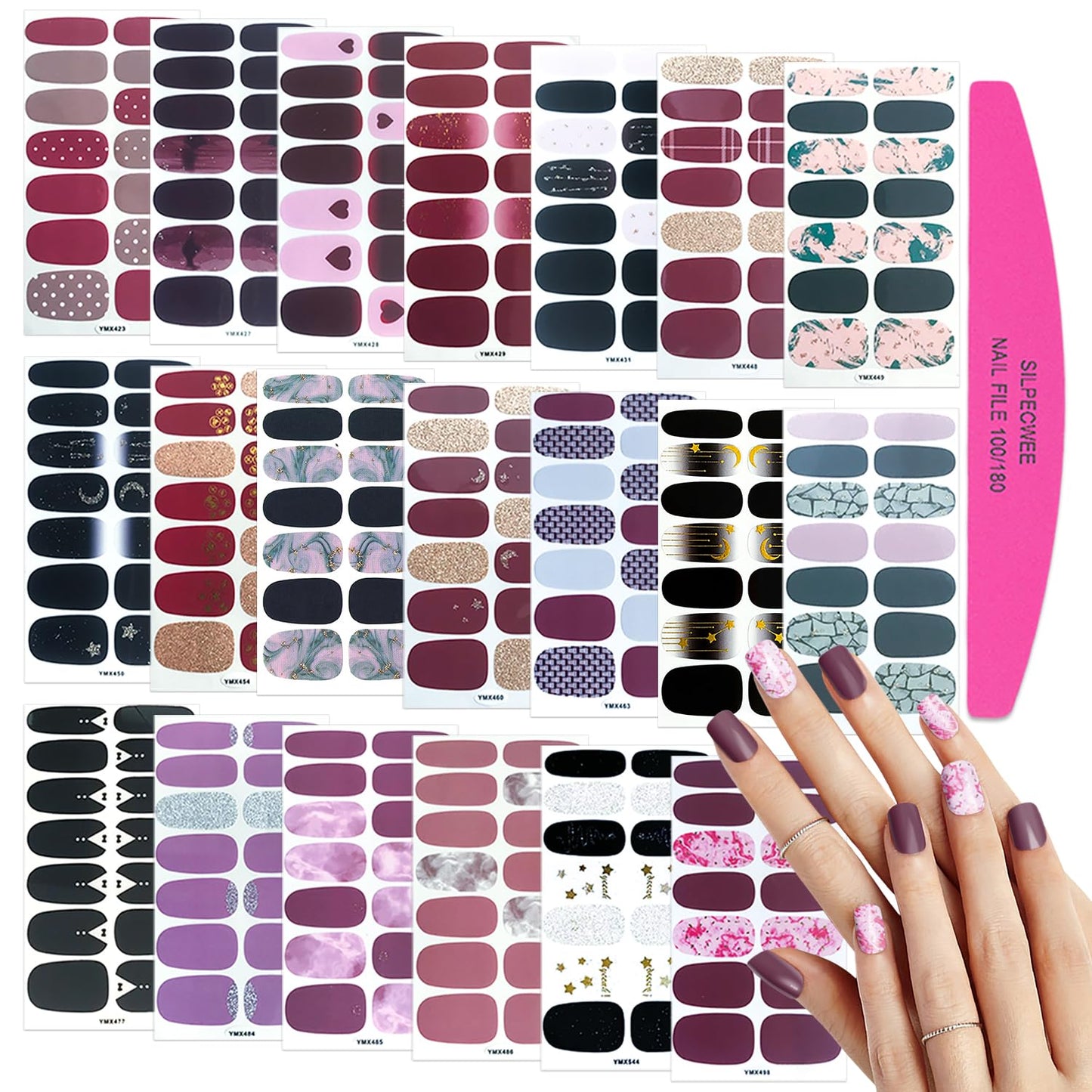 SILPECWEE 20 Sheets Nail Wraps for Women Stick on Nail Polish Strips Adhesive Nail Polish Stickers Gel Nail Strips Manicure Nail Art Accessories with 1pc File
