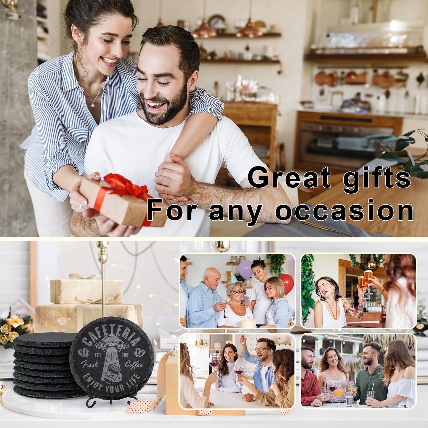 48 PCS Round Slate Drinks Coasters Bulk for Laser Engraving, MAPRIAL 4 Inch Handmade Black Rustic Stone Coaster Laser Blanks with Anti-Scratch Backing for Engraver, Wedding, Gifts, Home Decor, Bar
