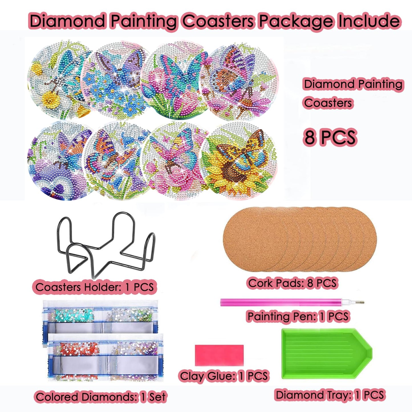 TDOOW Diamond Art Painting Coasters Kit, 8 Pcs Colorful Butterfly Diamond Art Coasters with Holder, DIY Diamond Painting for Adults Beginners