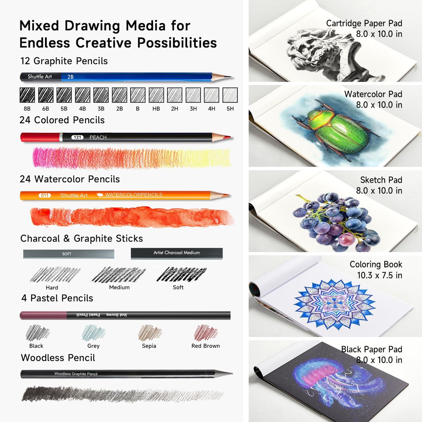 Shuttle Art 124 PCS Drawing Kit, Professional Drawing Supplies with Sketch, Charcoal, Colored, Graphite, Pastel Pencils & Sticks, Complete Drawing Tools and Paper Pads in Zipper Case for Artists&Kids