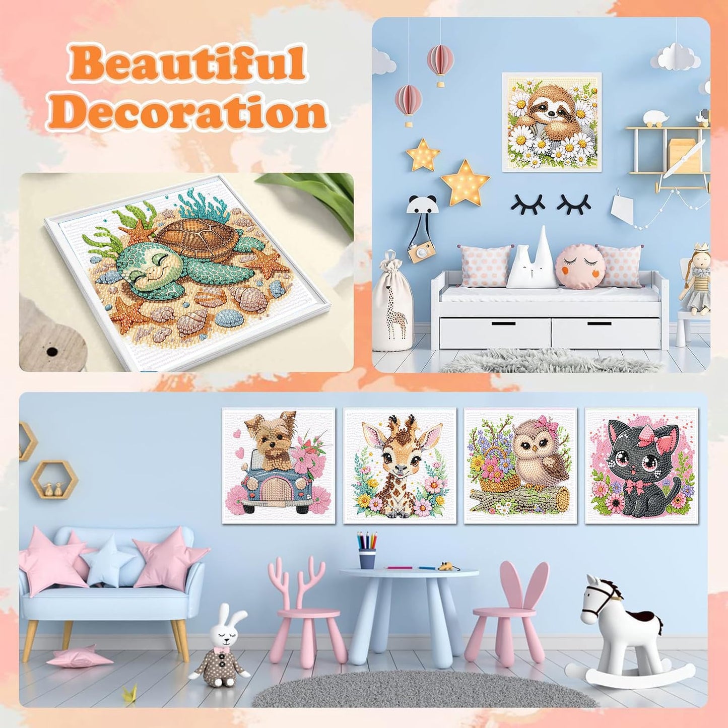 ajepon 6 Pack Animal Diamond Art Kits for Kids, Cute Animals Diamond Art for Kids Ages 8-12, Cat Dog Turtle Sloth Giraffe Owl Diamond Painting Kits for Kid for Gift Home Wall Decor (6x6inch)