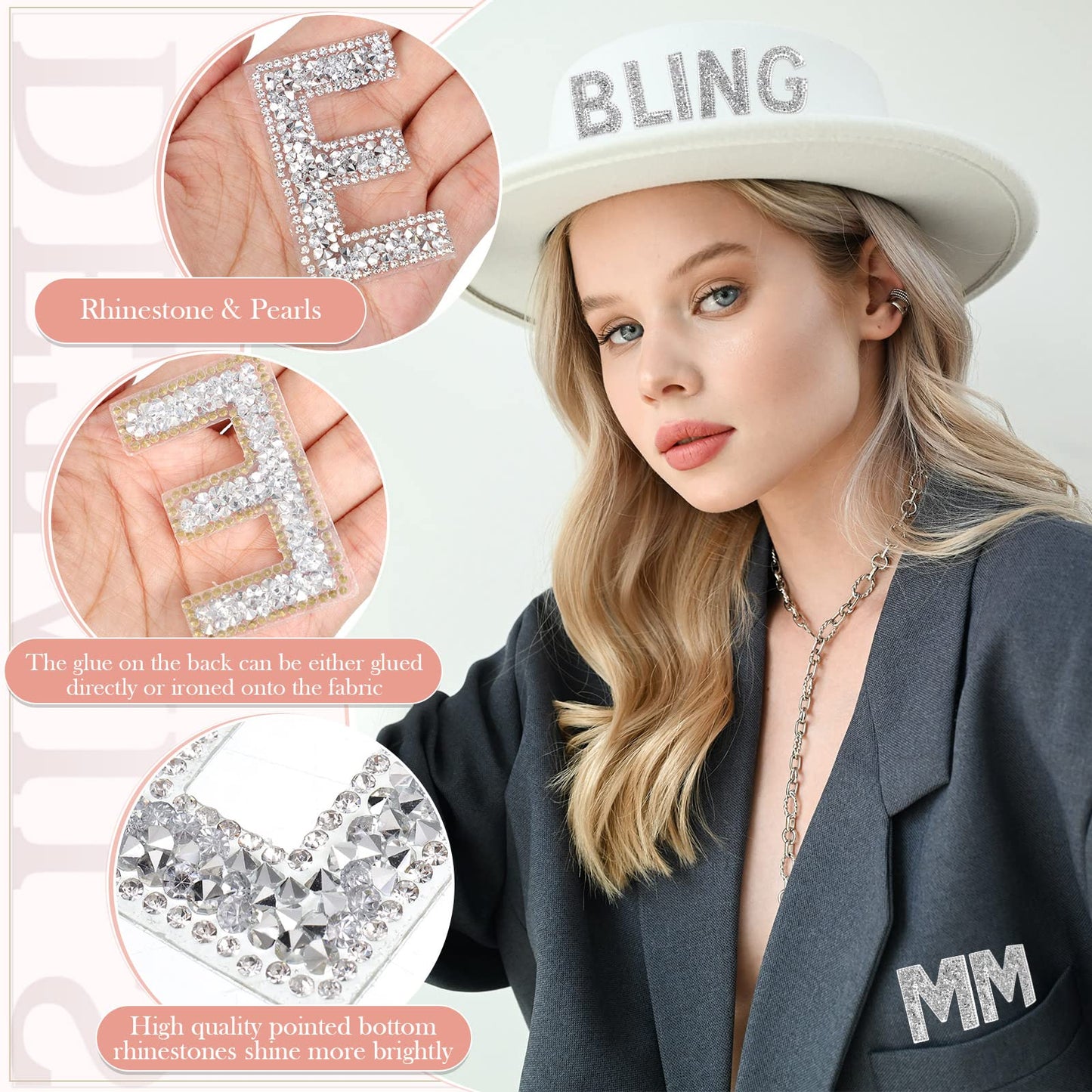 Waydress 26 Piece Rhinestone Iron On Patch A-Z Pearl Bling Rhinestone Letter Patch Glitter Alphabet Applique Rhinestone Pearl English Letter for DIY Craft Supplies(Silver, Solid Style)
